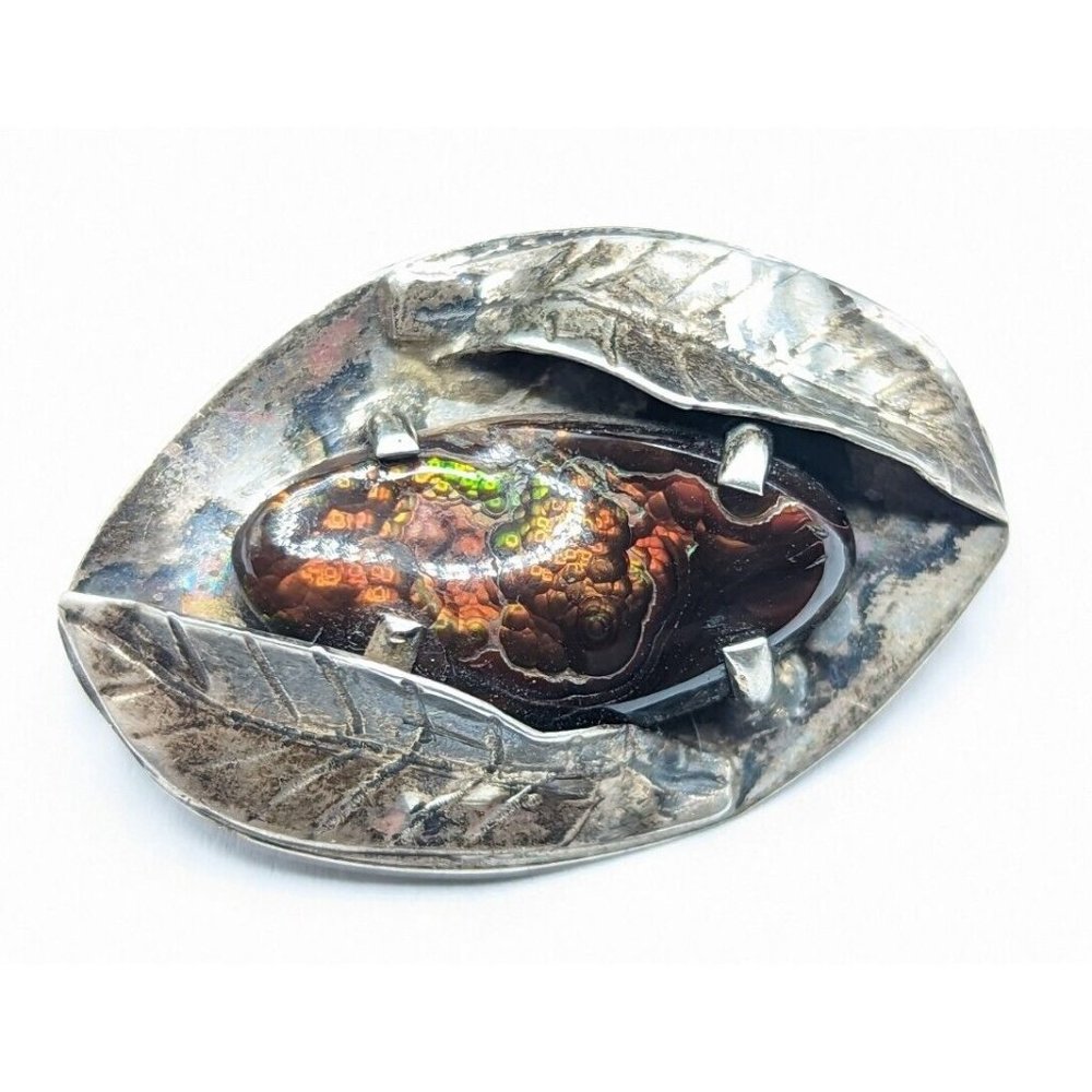 Sterling Silver Colorful Fire Agate Artisan Double Leaf Brooch Pin
